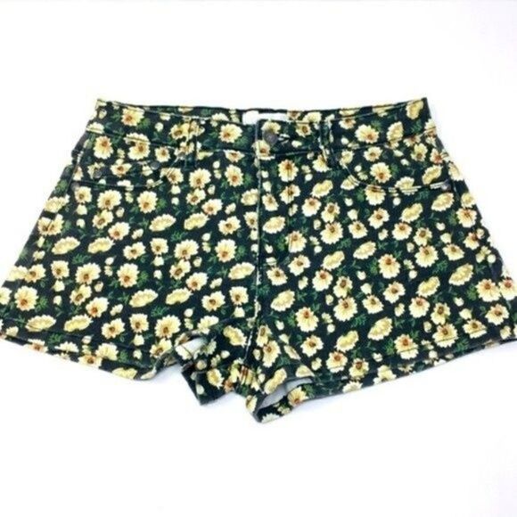 Forever 21 black denim shorts yellow flowers size 27 BoxK - Picture 1 of 5